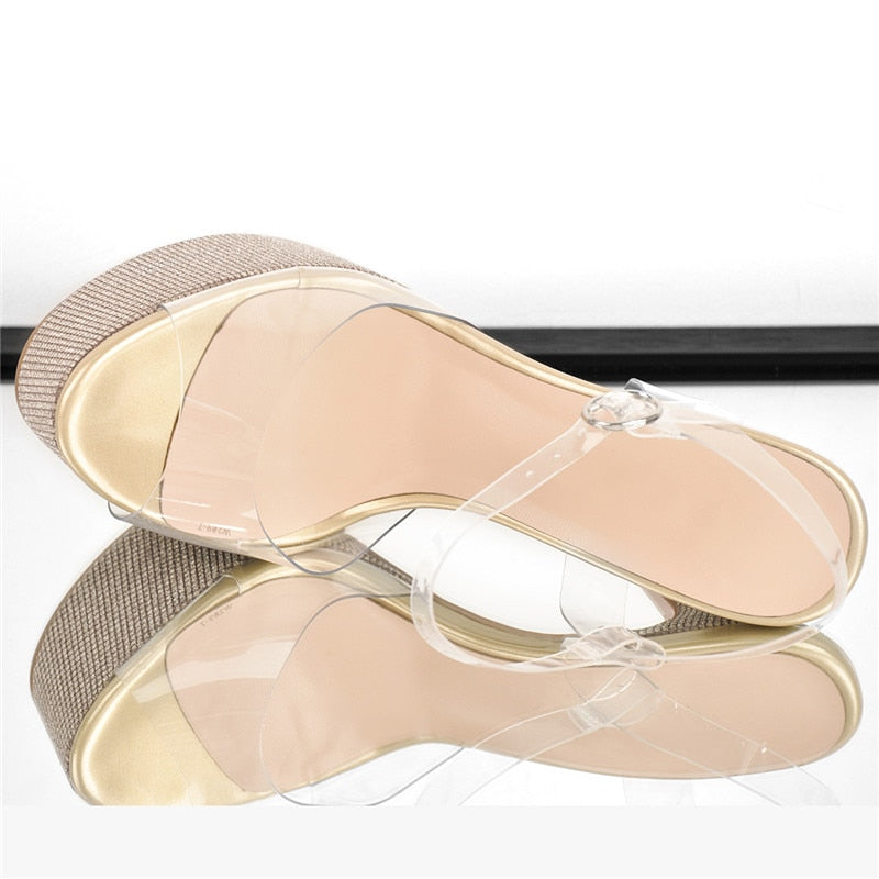 Gold Clear PVC Buckle Strap High Heel Sandals