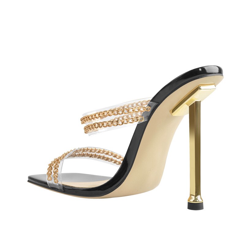 Square Toe PVC Golden Chain Metal High Sandals