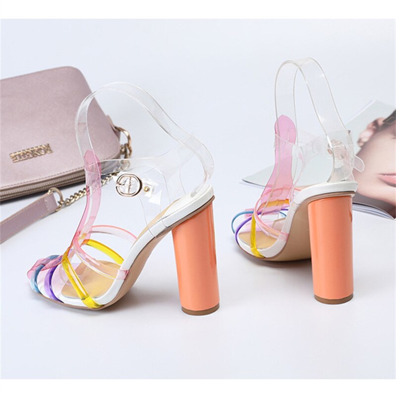 Jelly Iridescent PVC Round Heels T-Strap Cut Out Sandals