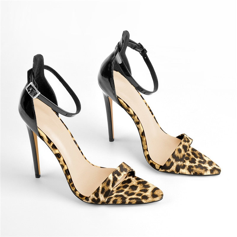 Ankle Strap Pointy Open Toe Leopard thin heels Sandals
