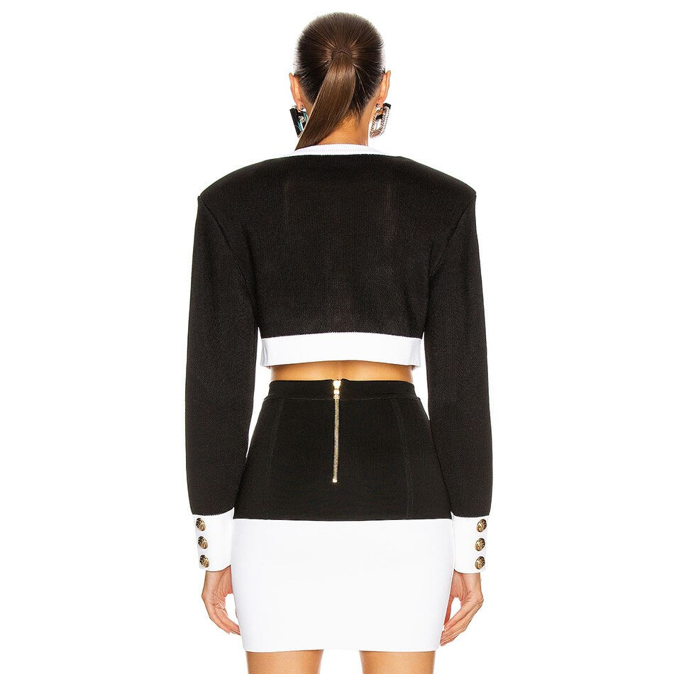 Patchwork O Neck Mini Jackets Bandage Skirt Sets