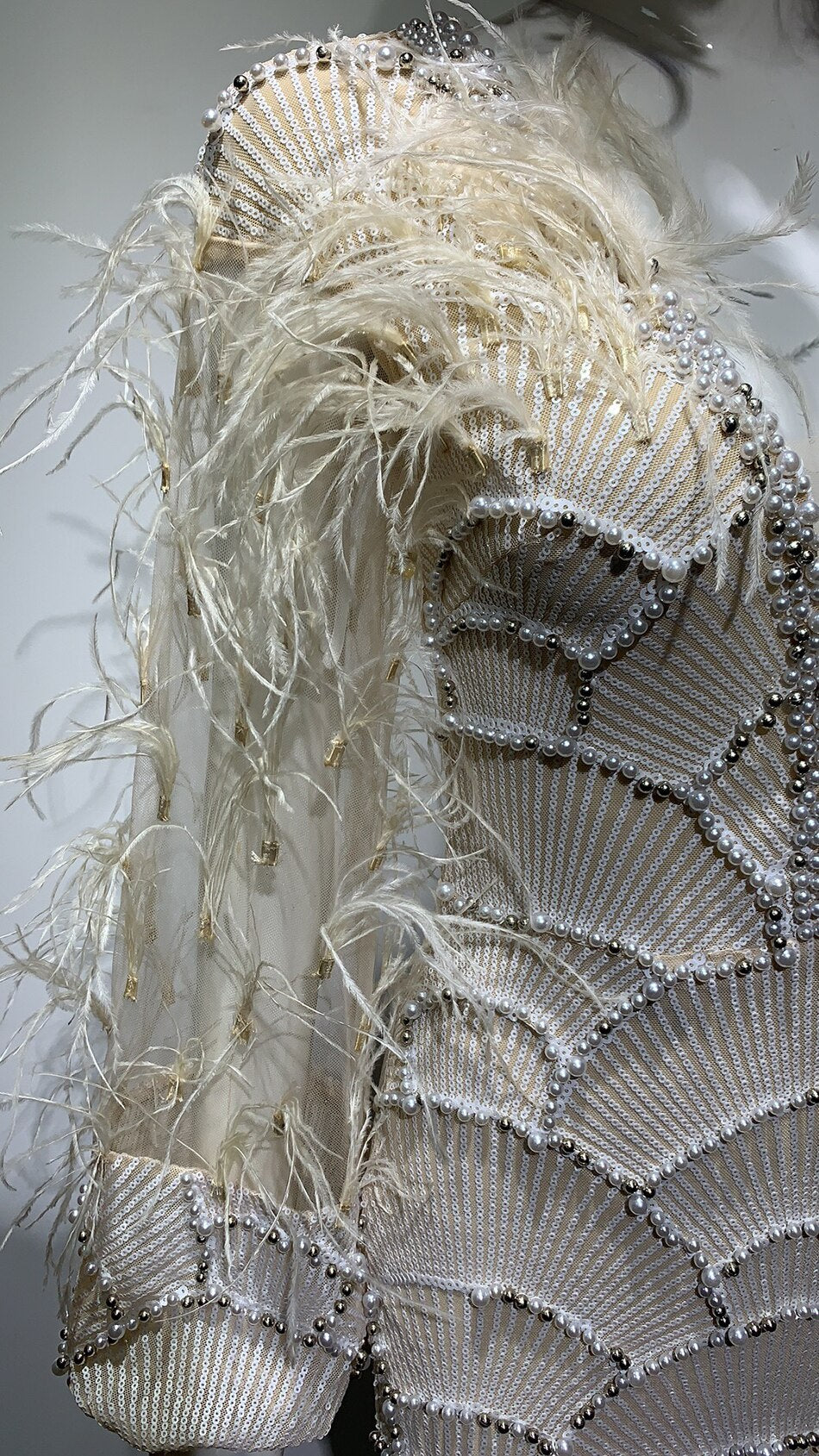 V-neck Sleeve Feather Beaded Dress