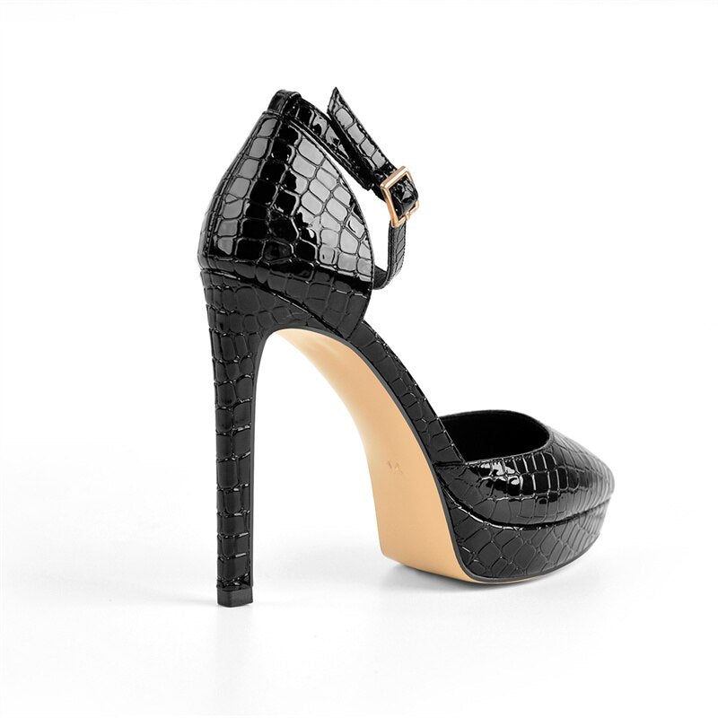 Patent Leather Buckle Strap Thin Heel Shoes