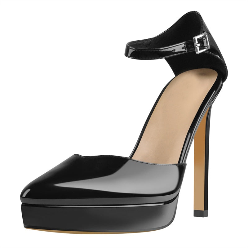 Patent Leather Buckle Strap Thin Heel Shoes