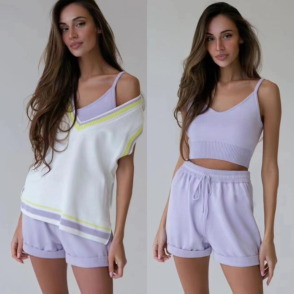 Sleeveless Vest & Mini Top Short Knitted Sets