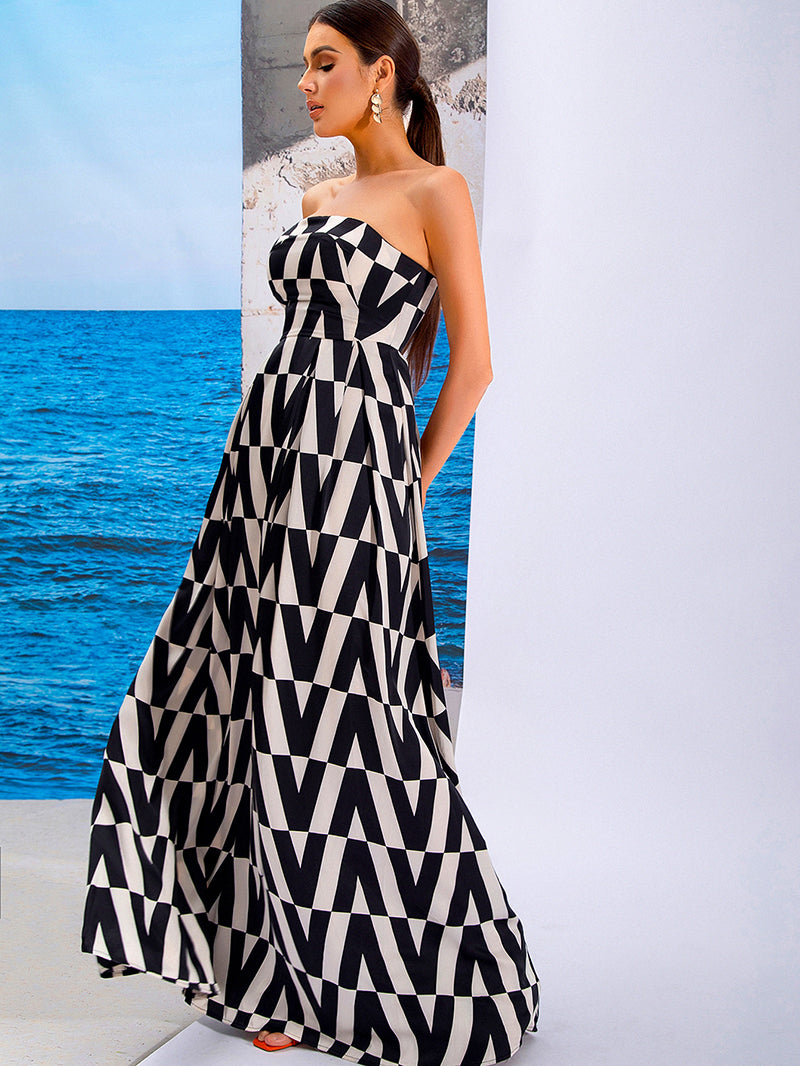 Tube Top Black & White Patterned Dress