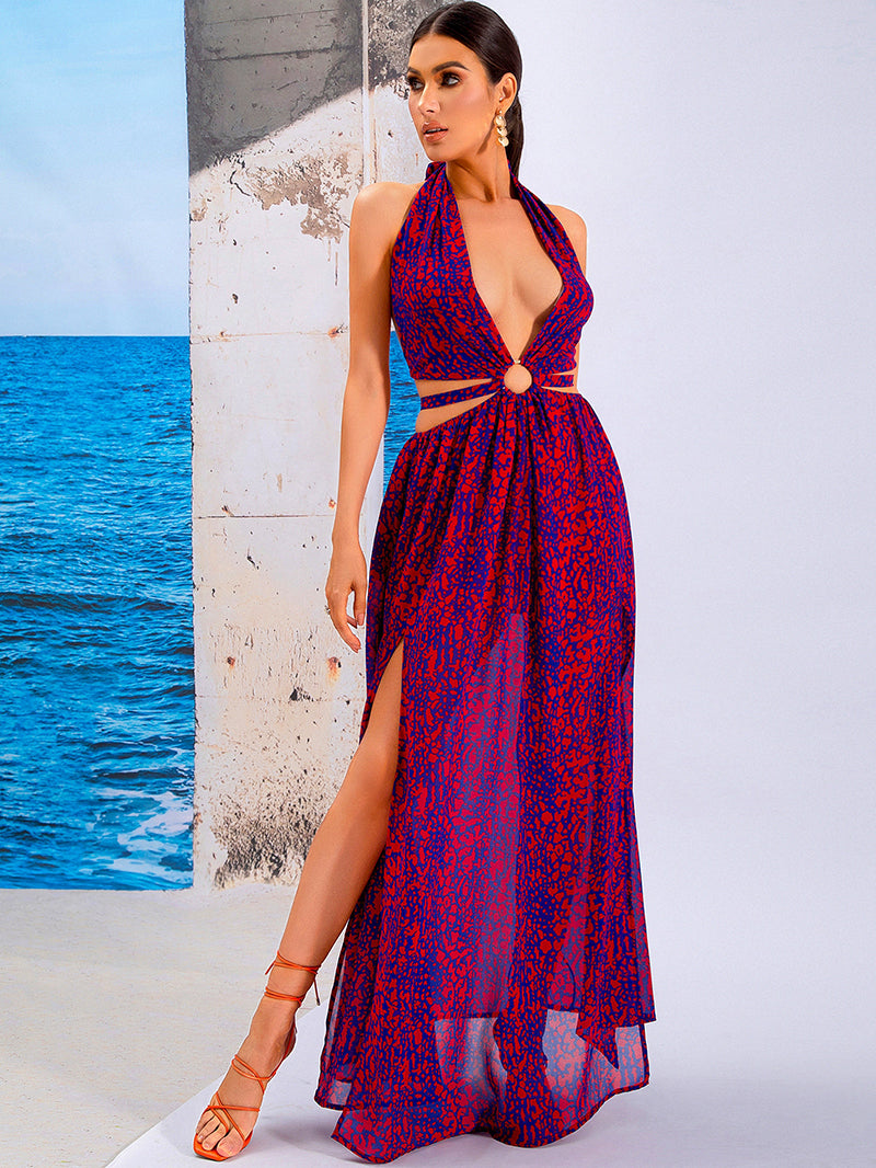 V-Neck Halter Neck Hollow Out Maxi Dress