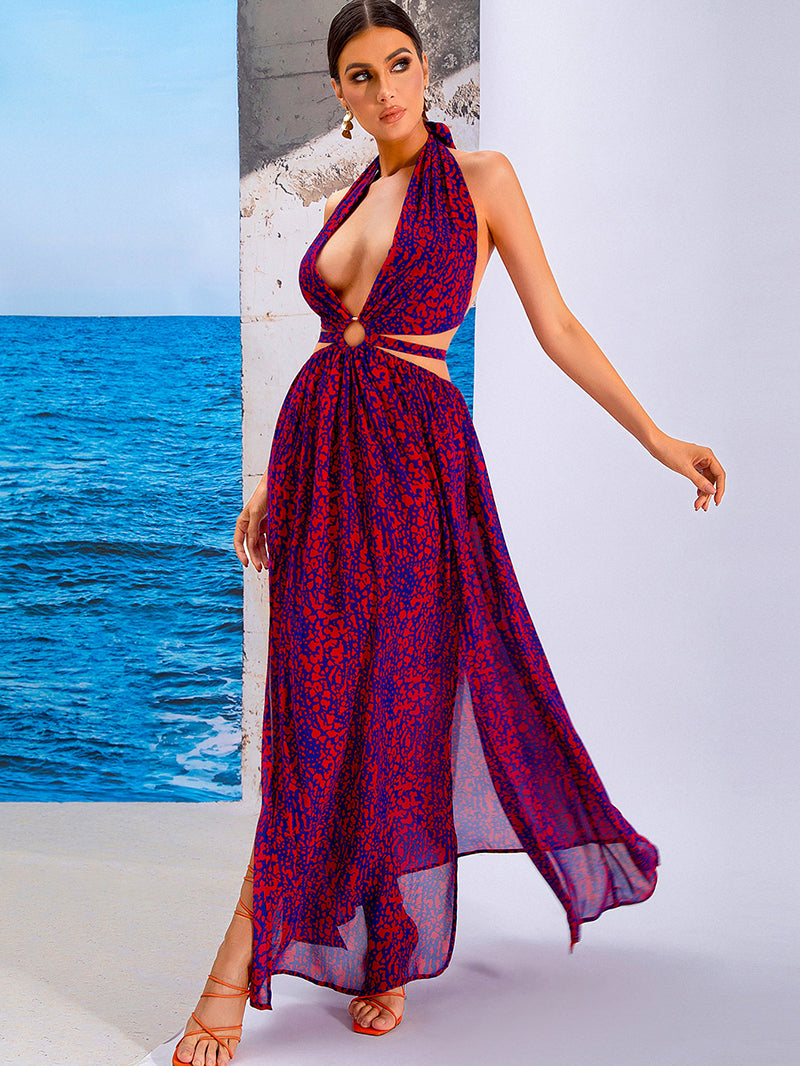 V-Neck Halter Neck Hollow Out Maxi Dress