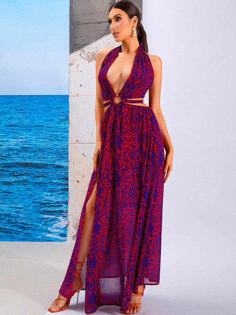 V-Neck Halter Neck Hollow Out Maxi Dress