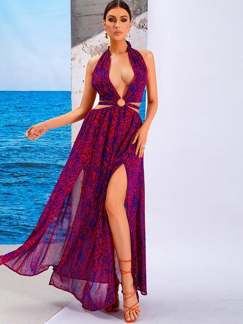 V-Neck Halter Neck Hollow Out Maxi Dress