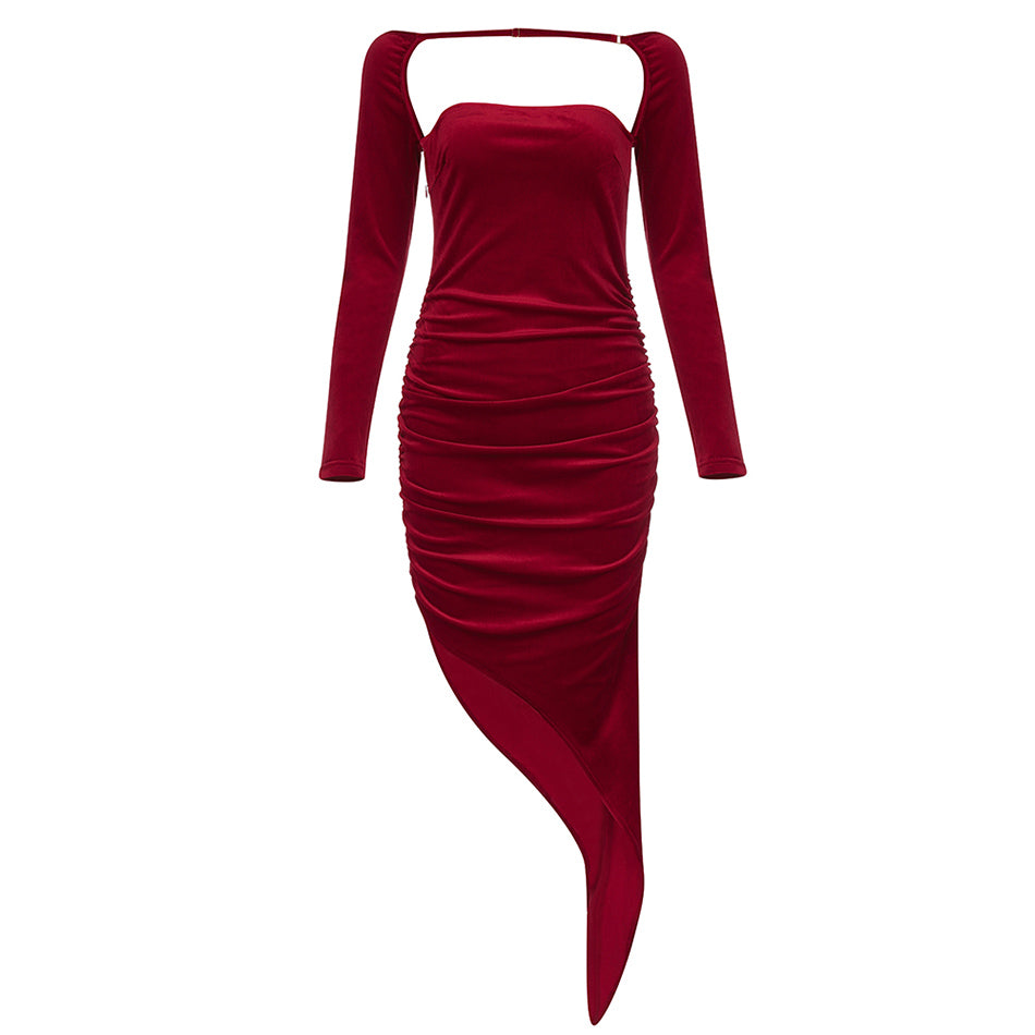 Long Sleeve Side Split Irregular Velvet Dress