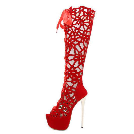 Metal Heels Hollow Out Lace Up Boots Sandals